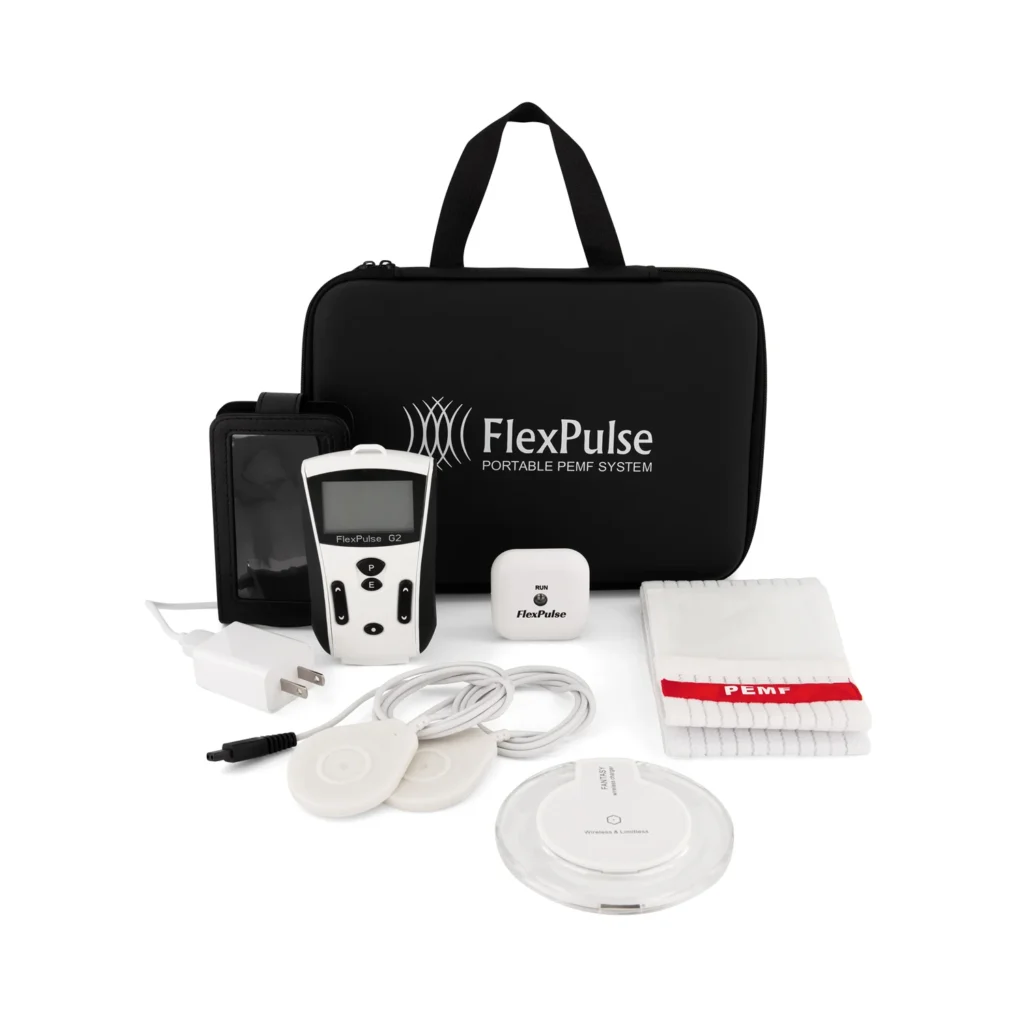 FlexPulse G2 deviceFlexPulse complete kit, including the FlexPulse G2 device, the charging station, a carrying case to strap onto clothing, and a bag to hold everything with the FlexPulse PEMF System logo (Picture 3)