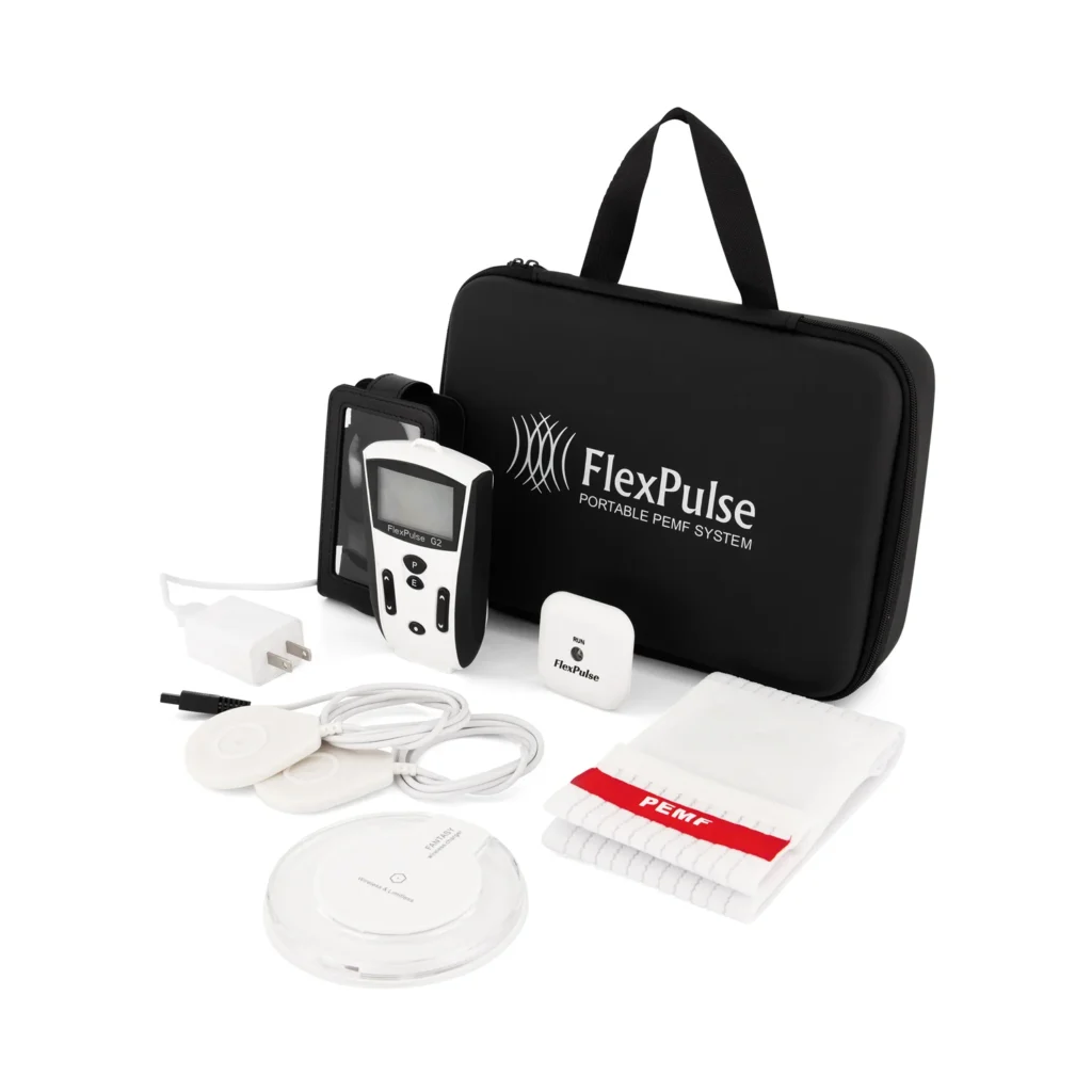 FlexPulse complete kit, including the FlexPulse G2 device, the charging station, a carrying case to strap onto clothing, and a bag to hold everything with the FlexPulse PEMF System logo