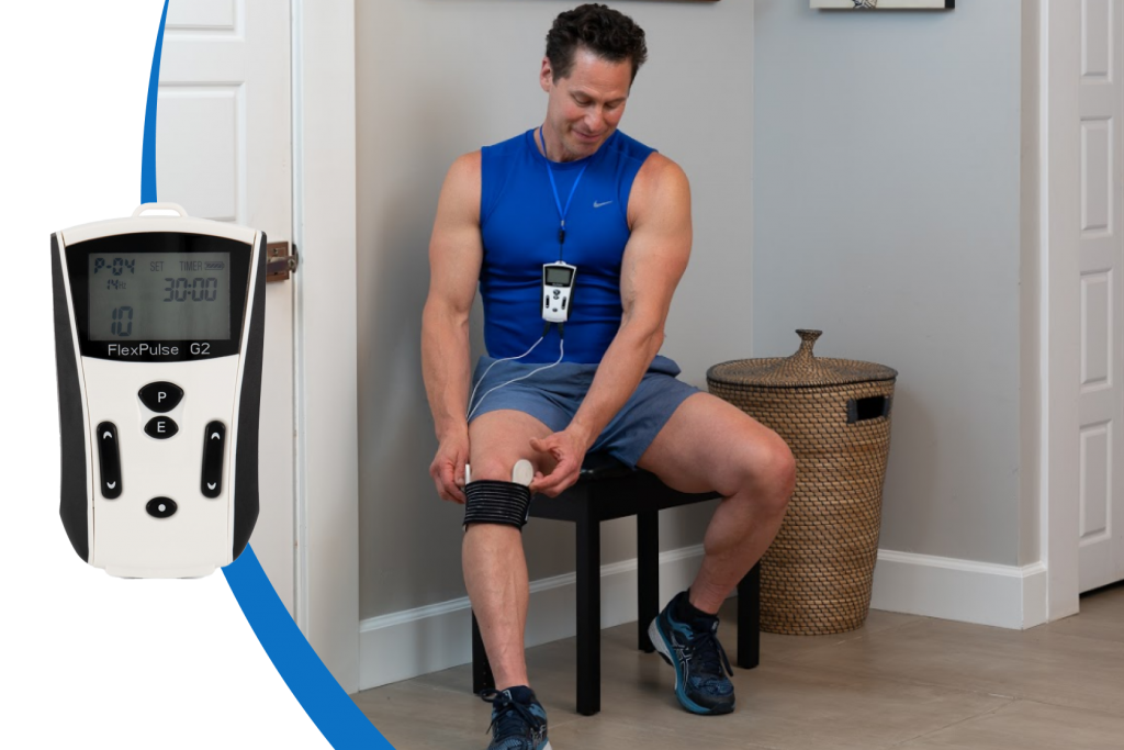 Athletic man sitting down utilizing his PEMF FlexPulse G2 device around his knee area. The machine is hanging around his neck.