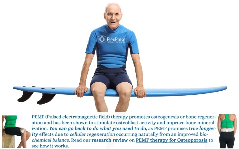 Older man sitting on surfboard, with text below describing that PEMF therapy promotes osteogenesis or bone regeneration and has been show to stimulated osteoblast activity and improve bone mineralization.