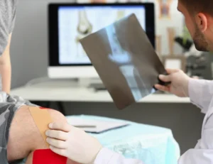 Doctor examines patient knee, going over the x-ray taken of the patient with the goal of repairing the knee with PEMFs