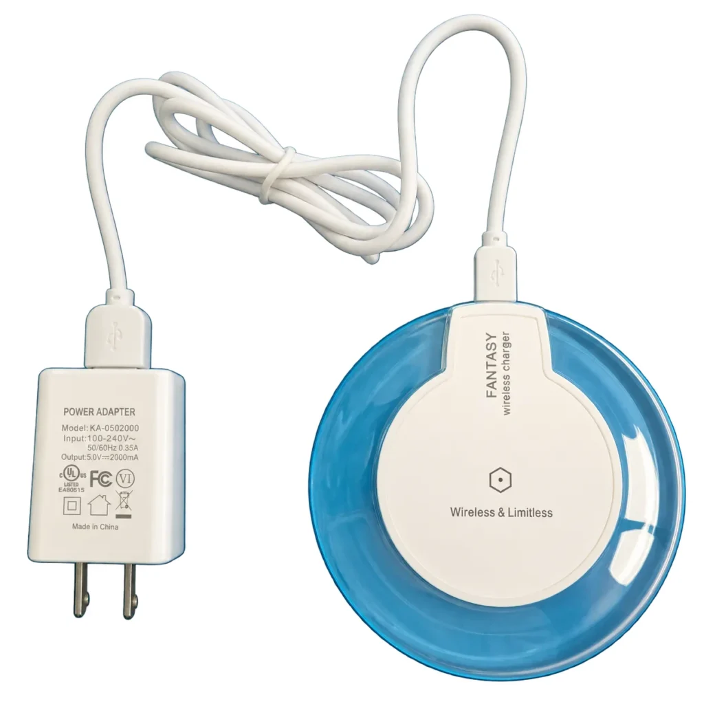 FlexPulse G2 wireless charging disc with its USB cable and wall power adapter