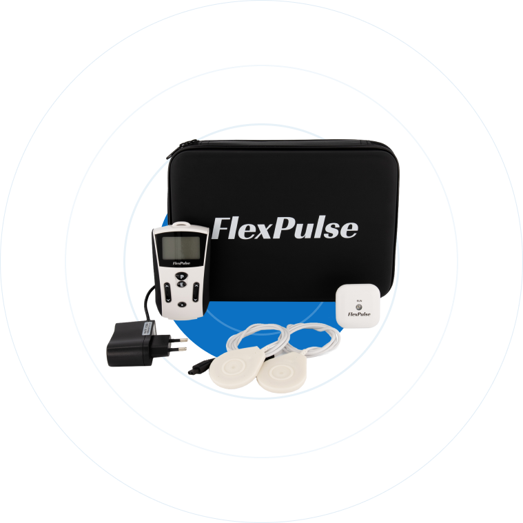 FlexPulse Kit, including device, travel case, charging cables, and treatment coils.