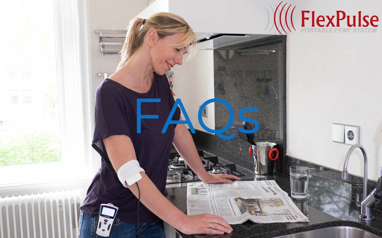Women her FlexPulse devices, along with the text "FAQ's" and the FlexPulse Portable PEMF System logo