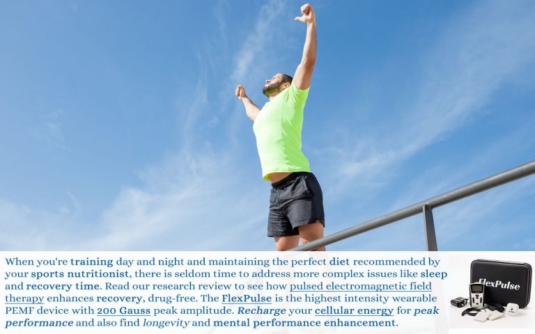 Man stretching and performing athletically. The text below states "When you're training day and night and maintaining the perfect diet recommended by your sports intuitionist, there is seldom time to address more complex issues like sleep and recovery time." One is able to recharge their cellular energy with FlexPulse (Picture 3)