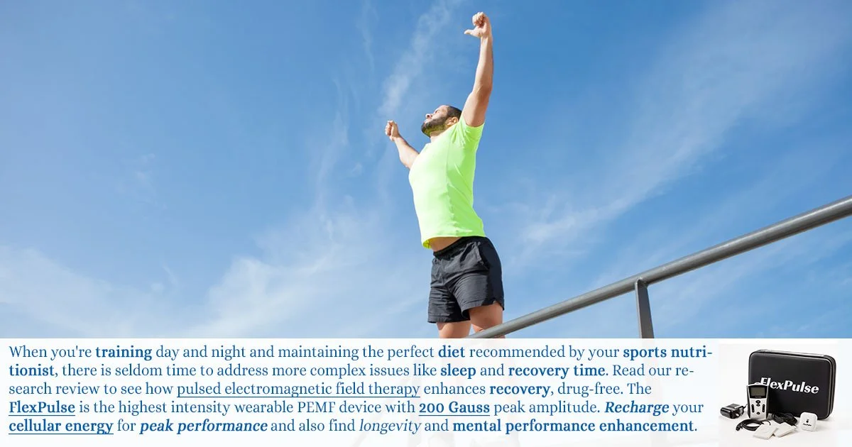 Man stretching and performing athletically. The text below states "When you're training day and night and maintaining the perfect diet recommended by your sports intuitionist, there is seldom time to address more complex issues like sleep and recovery time." One is able to recharge their cellular energy with FlexPulse (Picture 3)