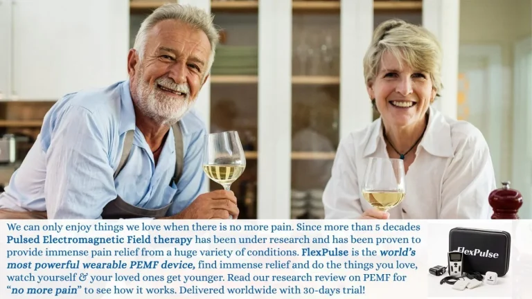 An older couple enjoying a glass of wine, and crediting them not having any more pain to the Pulsed Electromagnetic Field therapy from FlexPulse. It is the world's most powerful wearable PEMF device.